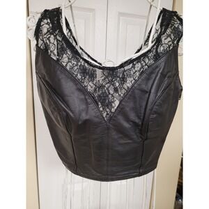 Vintage Black Leather & Lace Crop Top Side Zip Bohemian Chic Goth Style Size M